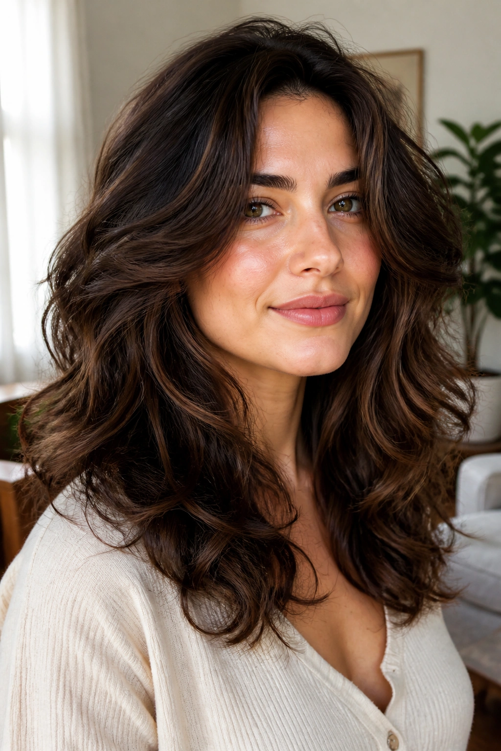 Real woman with rounded layers in thick wavy hair, portrait.