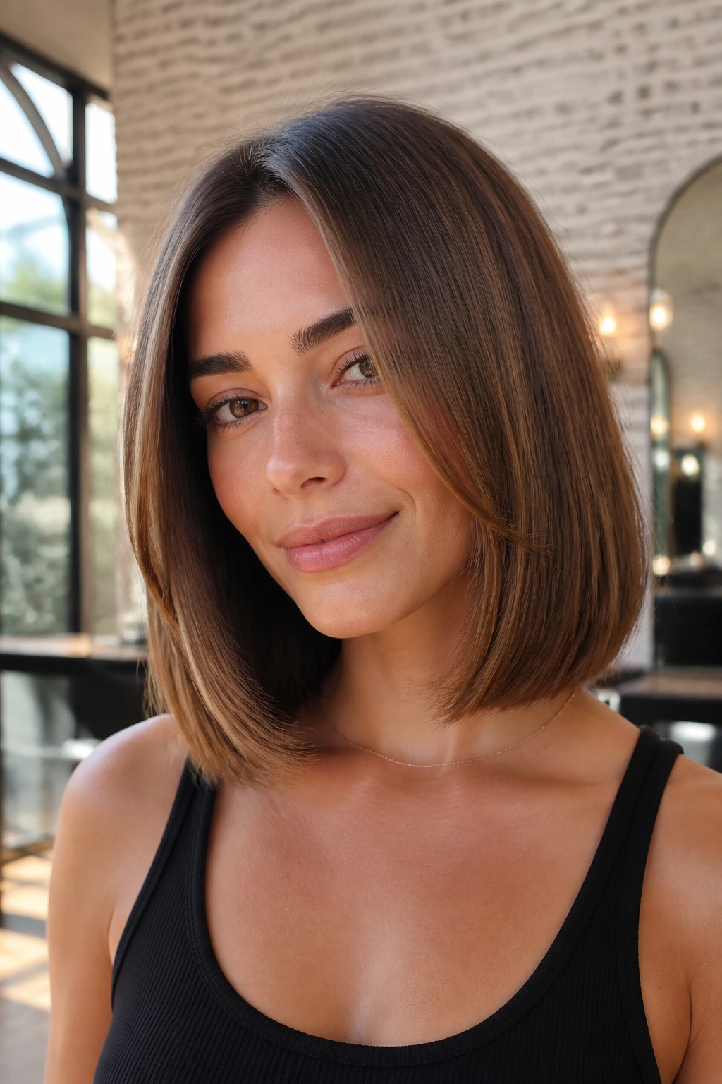 Real person with rounded straight lob showing a subtle inward bend at the ends in a sunlit salon.