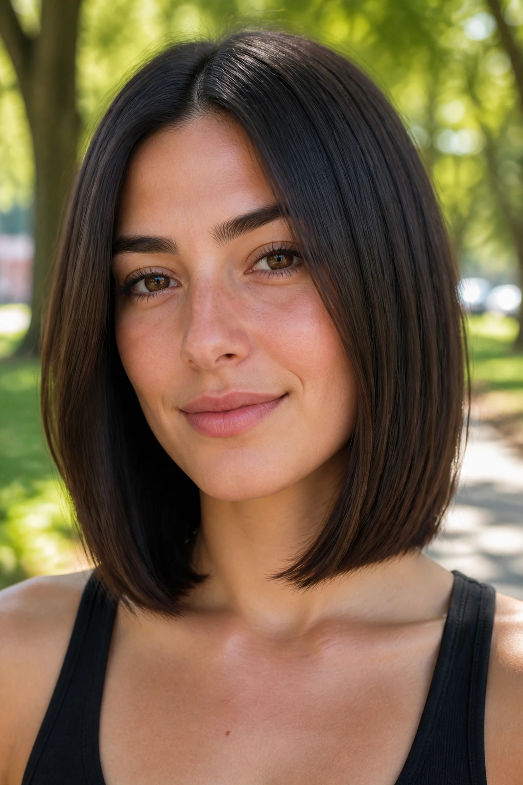 Real woman with rounded lob and crisp perimeter in sunlit park.