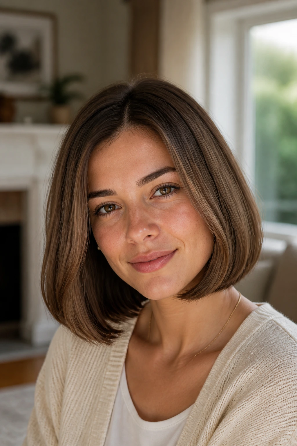 Close-up portrait of a real woman with a rounded lob hairstyle, warm window light