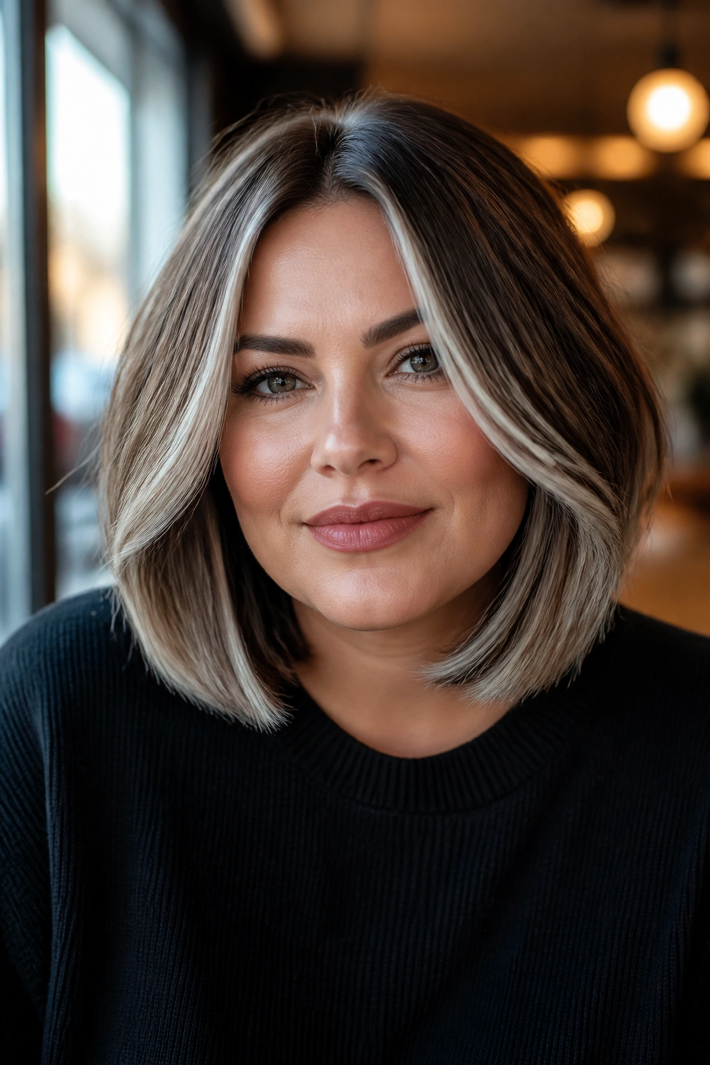 Close-up of rounded lob with silver edge lighting on a real woman
