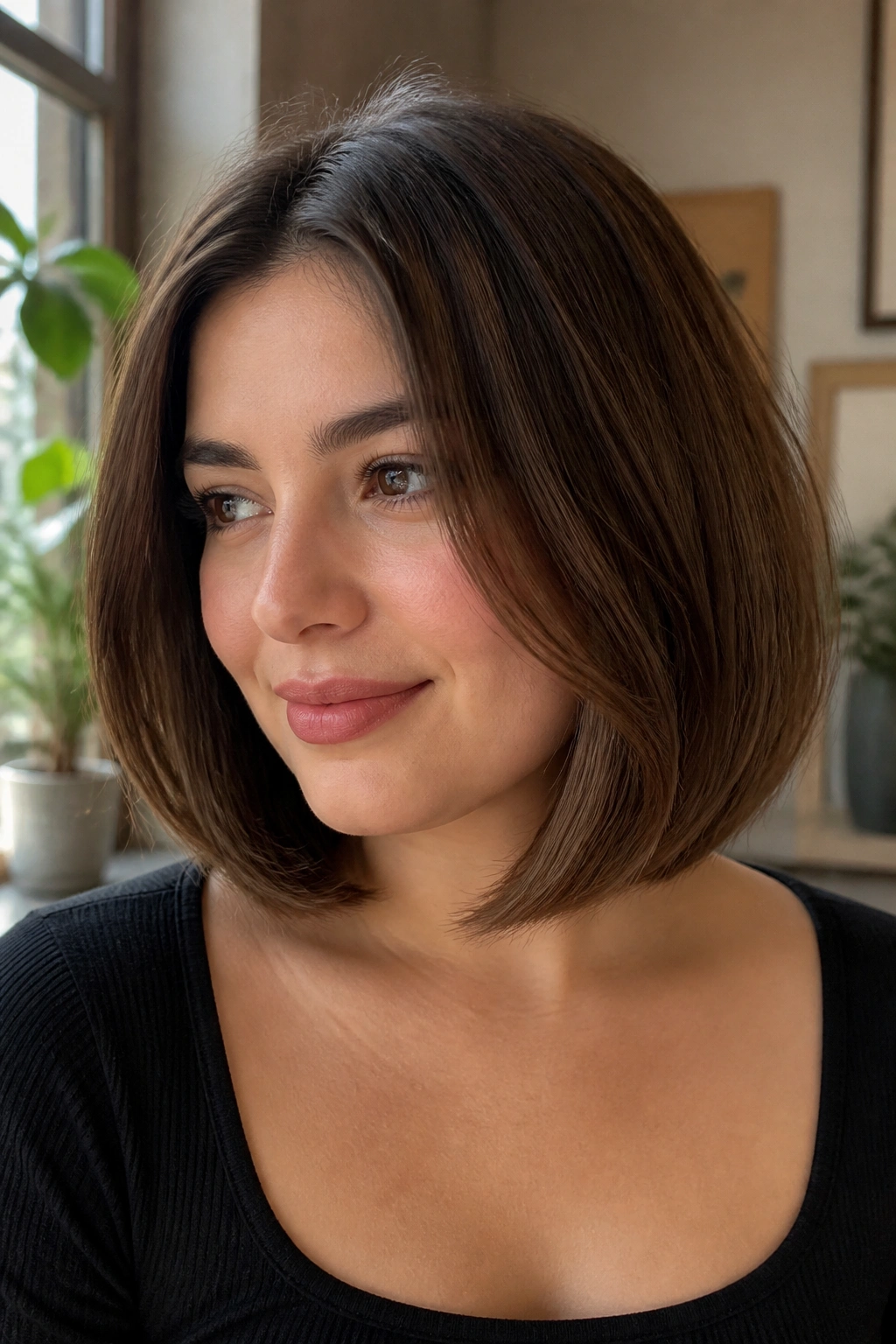 Close-up of a real woman with a rounded lob and soft ends framing the face
