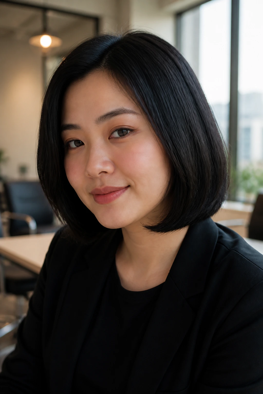 Portrait of woman with rounded lob and tucked-under ends