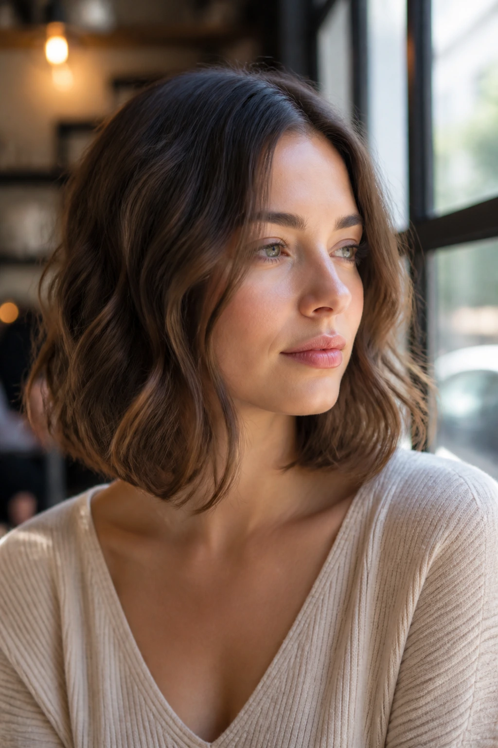 Real person with rounded lob hairstyle and soft waves.