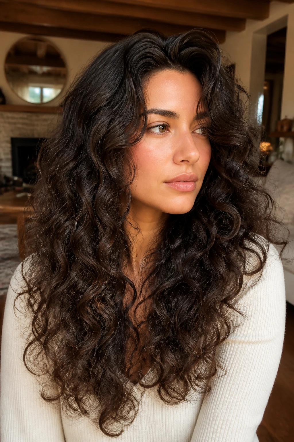 Close-up of real woman with rounded long curly layers creating soft volume at crown.