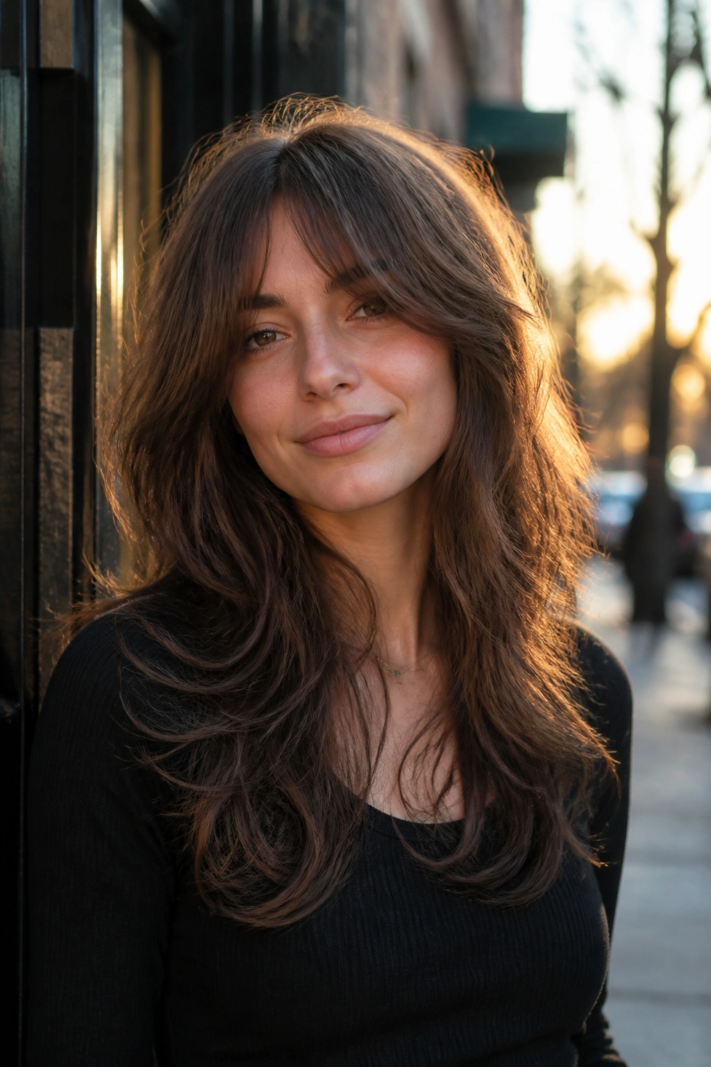 Mid-shot portrait of a real person with rounded long shag in golden hour light