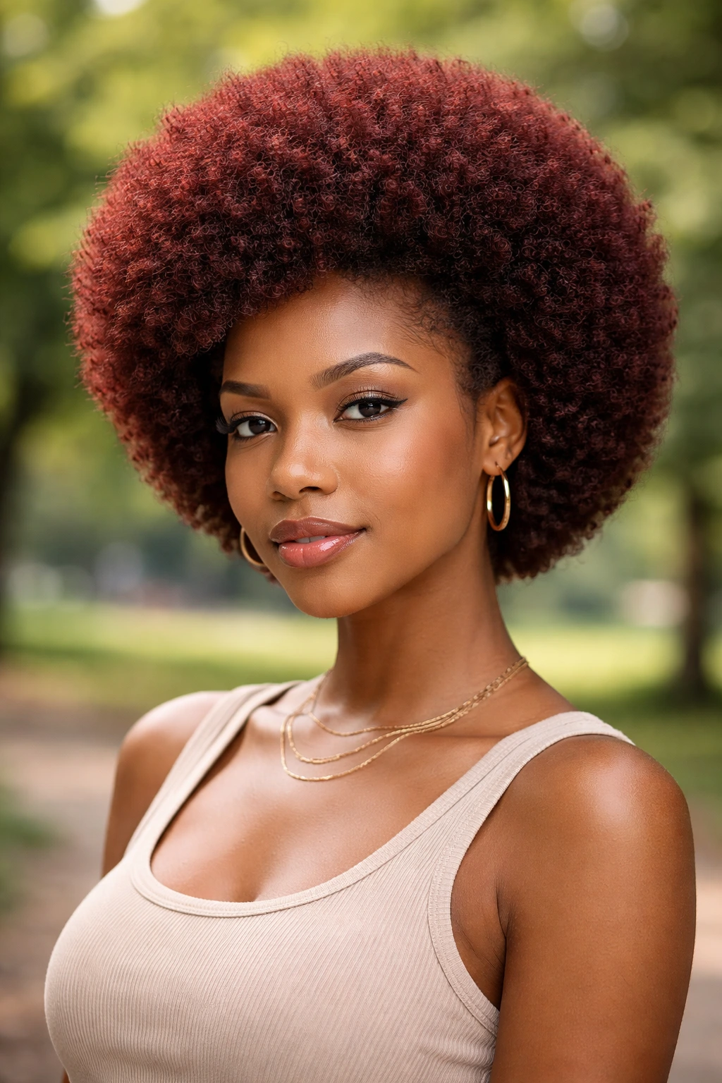 Real person with rounded mahogany afro and clean edges