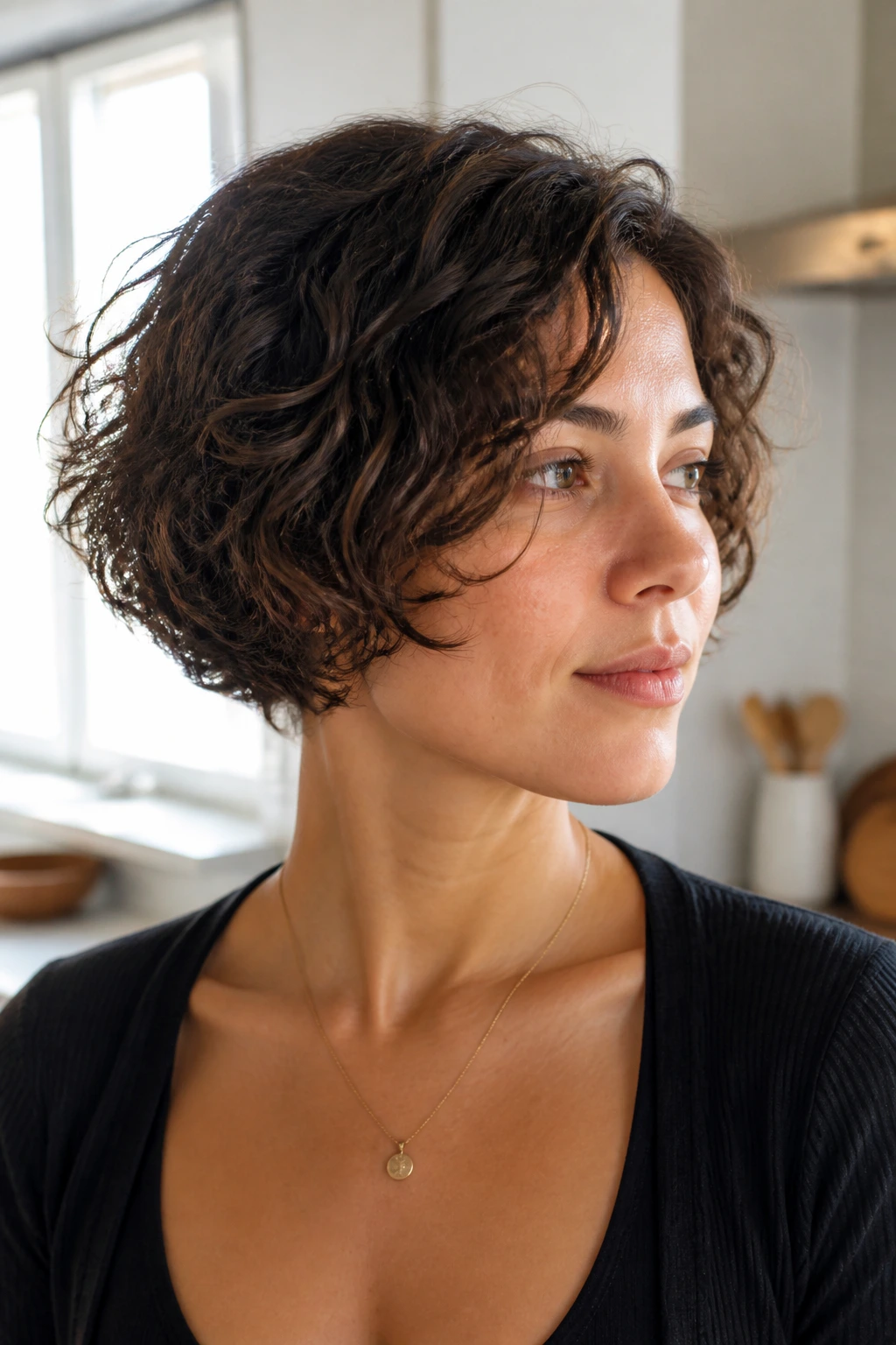 Close-up of a person with rounded micro bob and light internal layers in bright kitchen