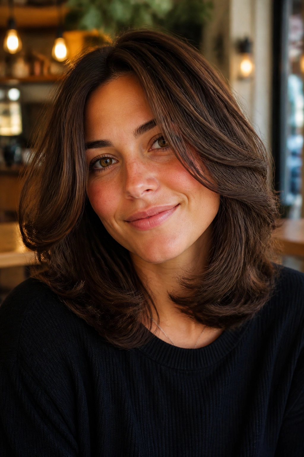 Close-up of a real woman with rounded mid-length hair