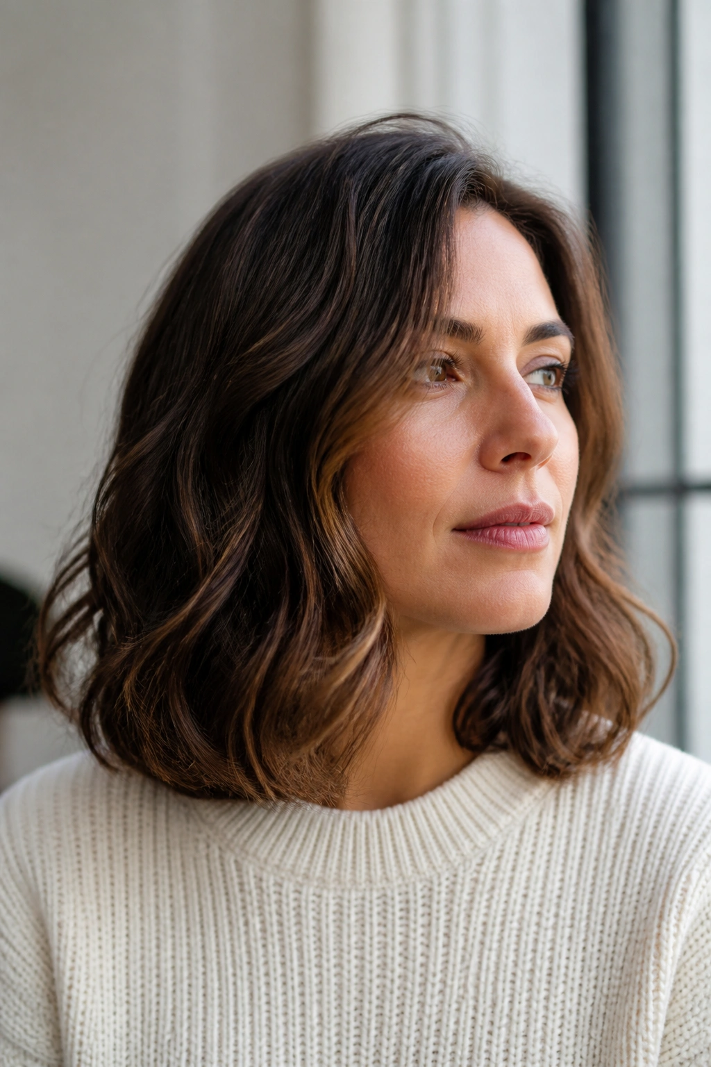 Real woman with a rounded midi cut showing soft curved ends.