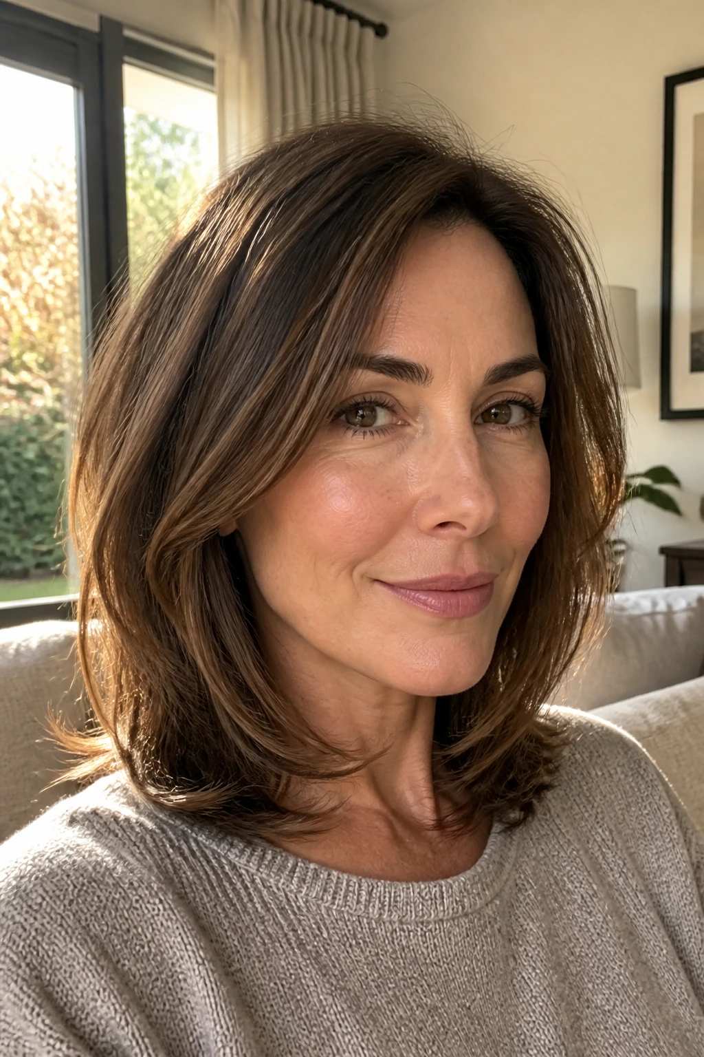 Close-up of a real woman with a rounded midi cut and hidden internal layers