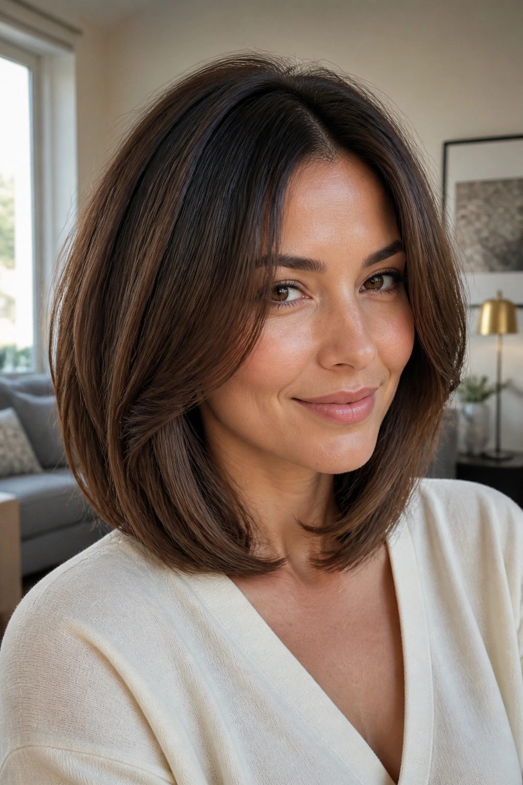 Close-up of a real woman wearing a rounded midi cut with face-framing pieces.