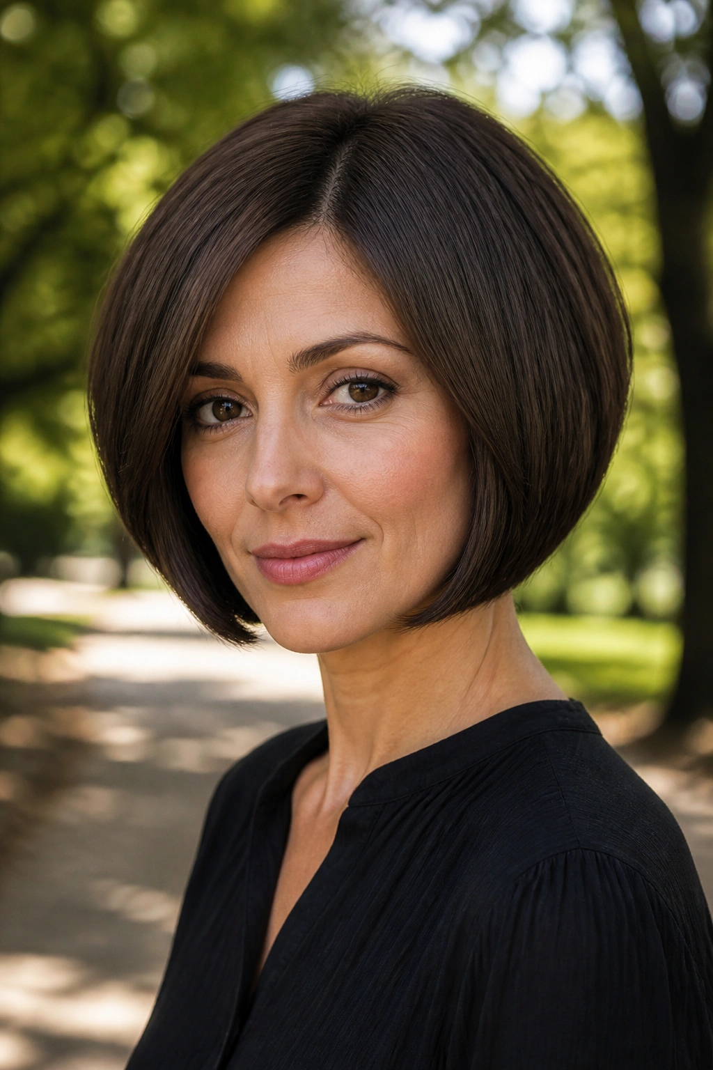 Real person with dark mocha rounded bob showing crown volume