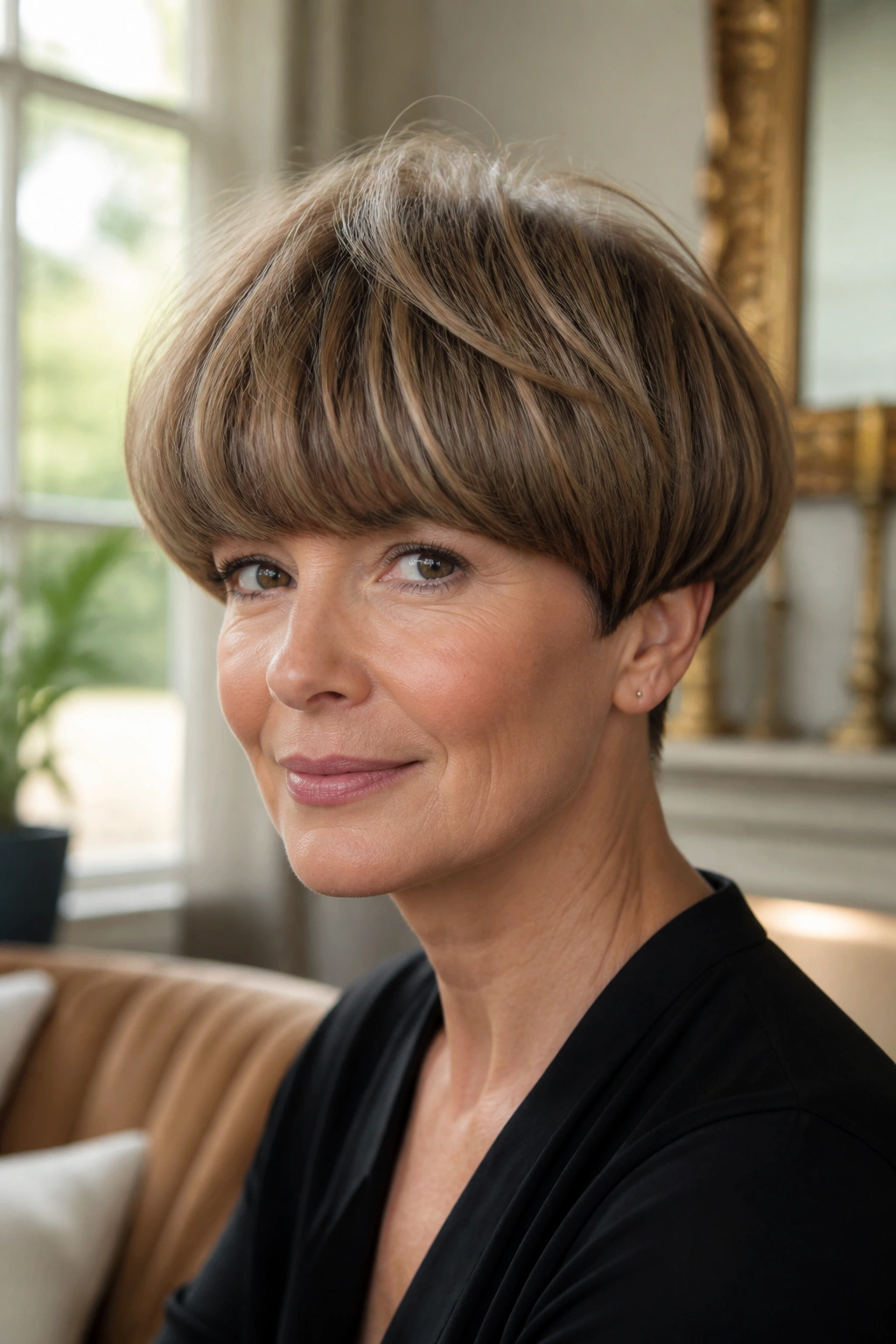 Portrait of a real woman with a rounded mushroom crop showing plush silhouette.