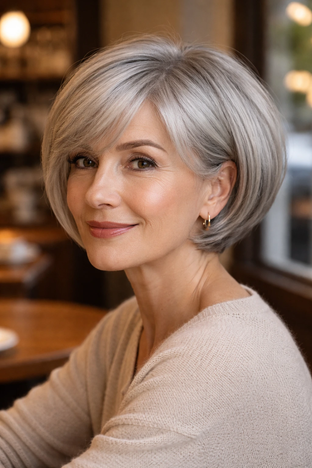 Real woman with rounded Parisian bob in warm cafe lighting