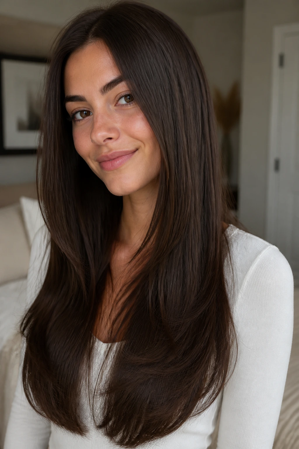Close-up of real woman with rounded perimeter cut on long straight hair in warm light