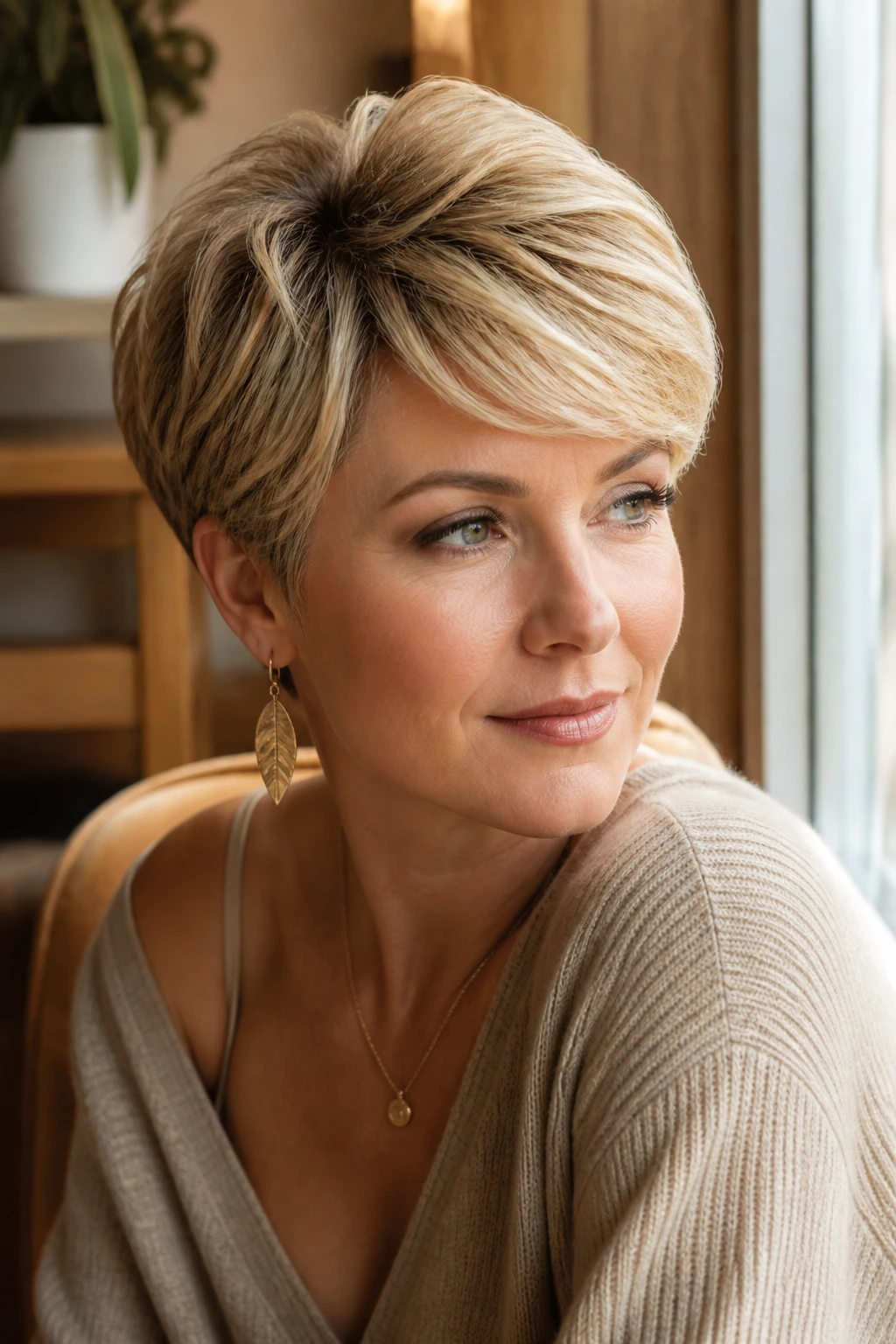 Close-up portrait of a real woman with rounded blonde pixie and side volume