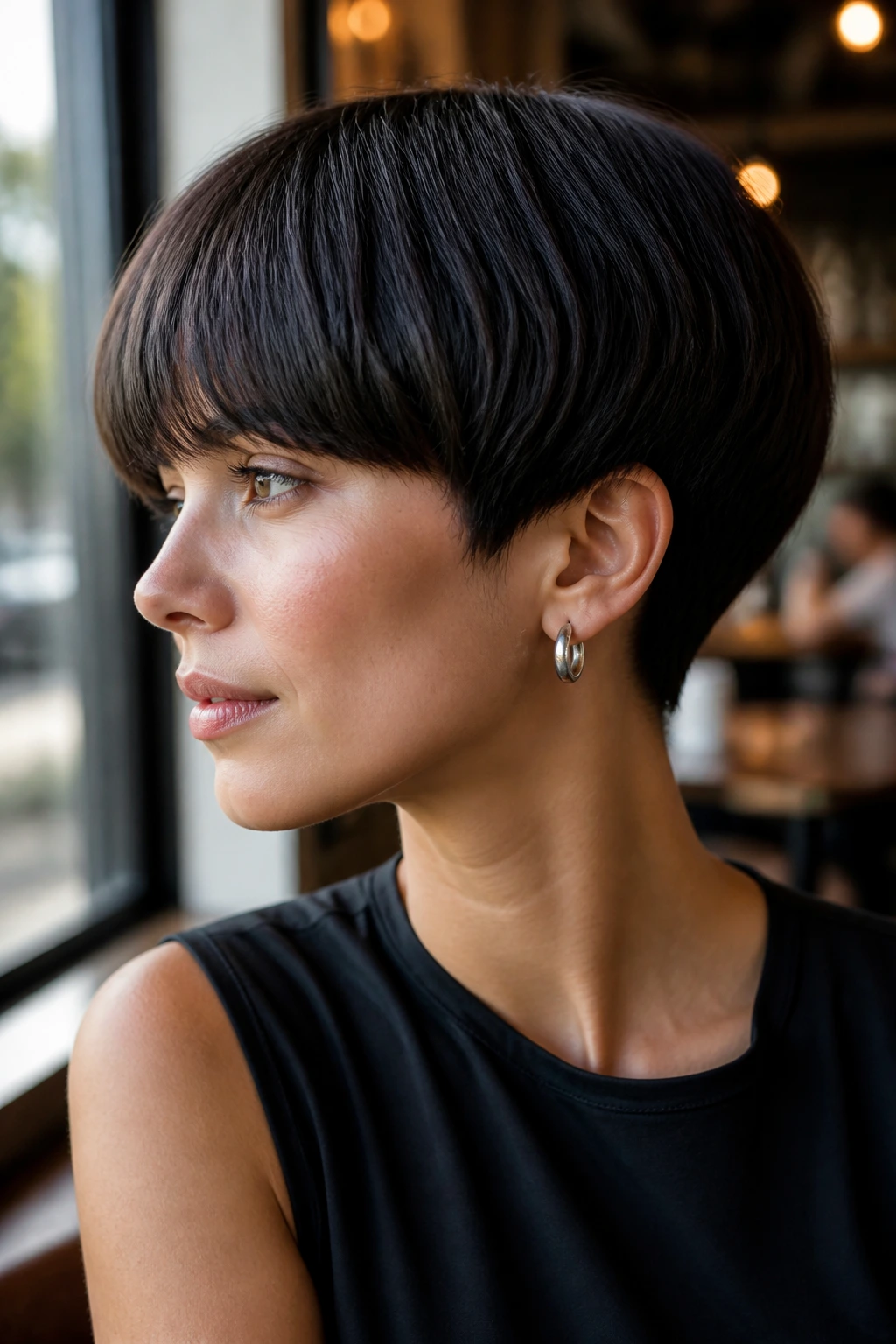 Close-up portrait of a real person with a rounded pixie bowl shape