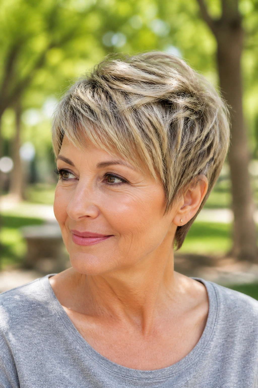 Close-up of a real woman with rounded pixie crown sweep in a sunlit park