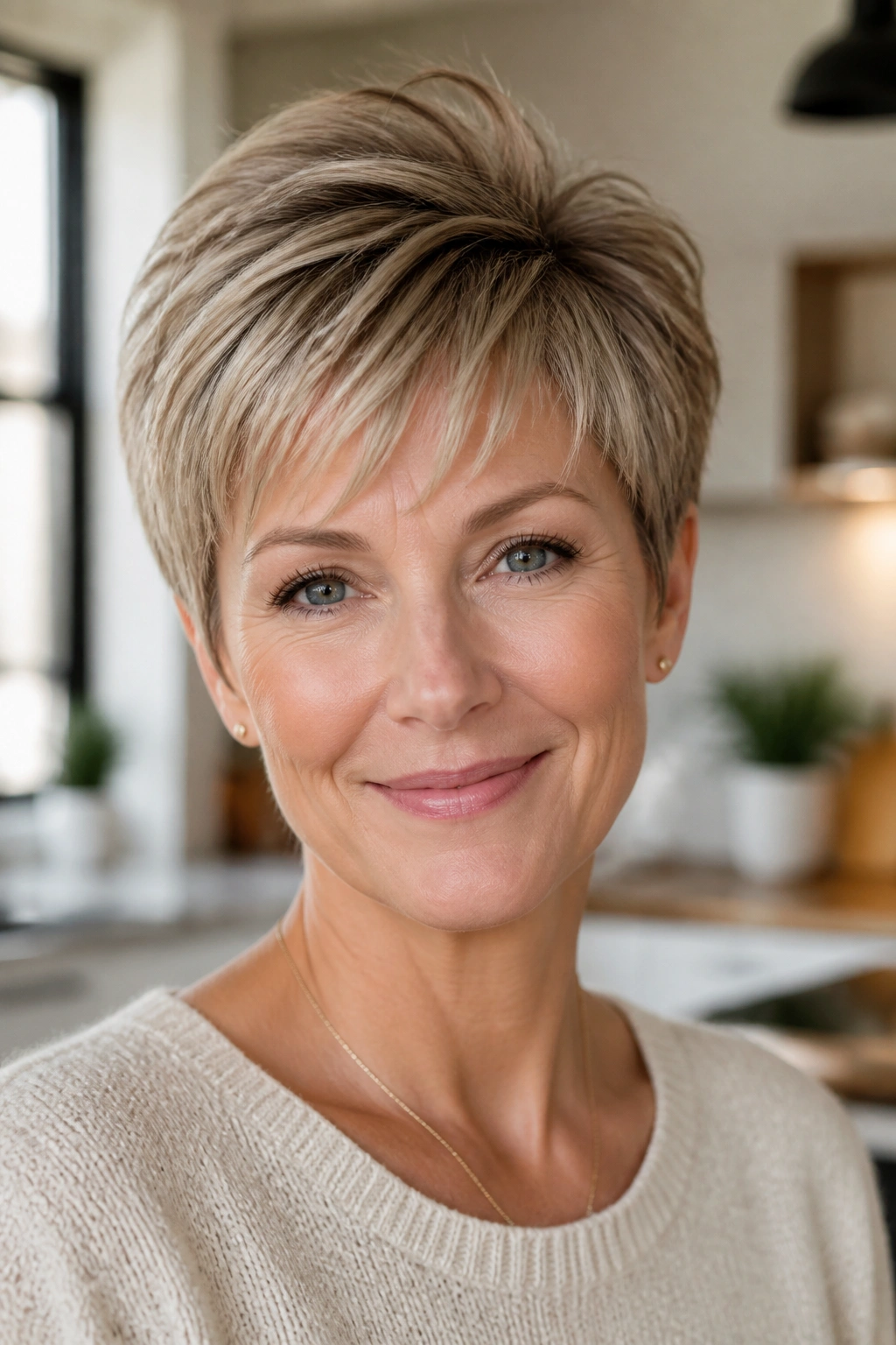 Close-up portrait of a real woman with a rounded pixie and crown-volume lift