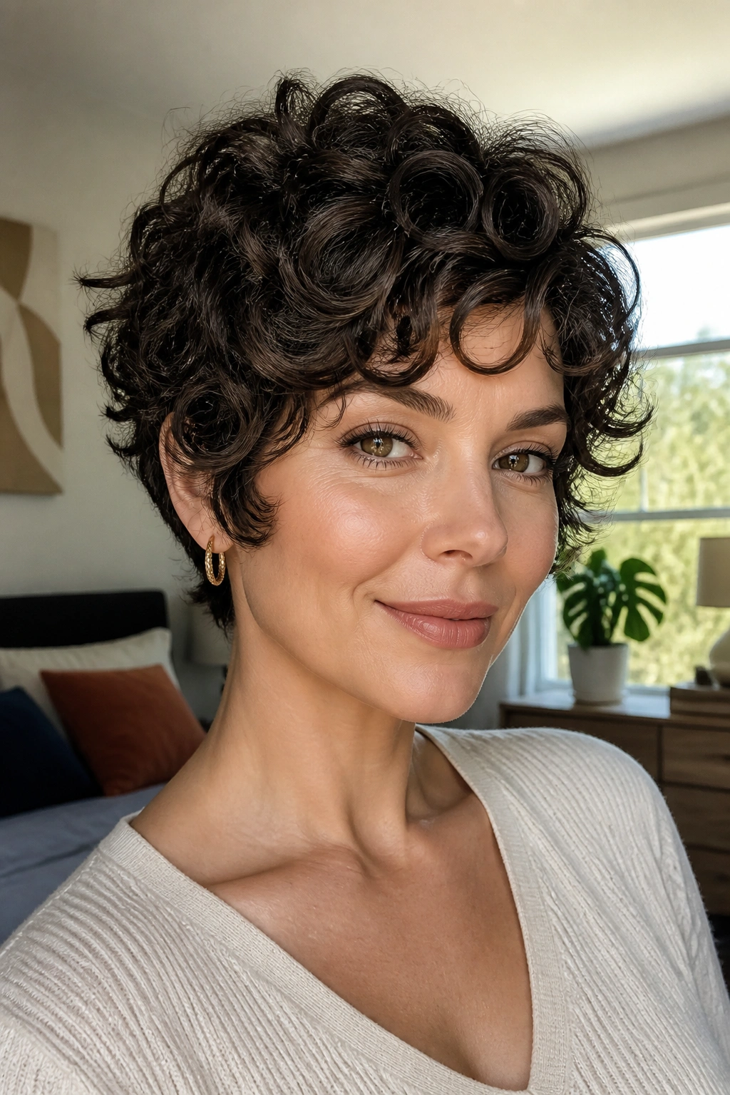 Close-up of real woman with rounded curly pixie and cheekbone-grazing layers