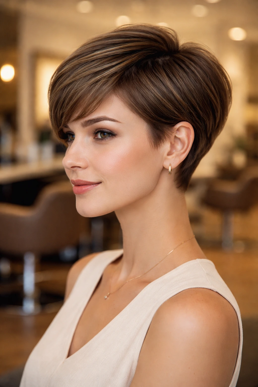 Close-up of a real woman with a rounded pixie hairstyle in a salon setting