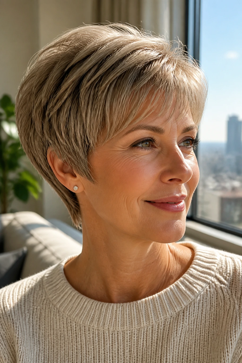 Close-up of a real person with Rounded Pixie hairstyle featuring a rounded silhouette and soft crown in natural window light
