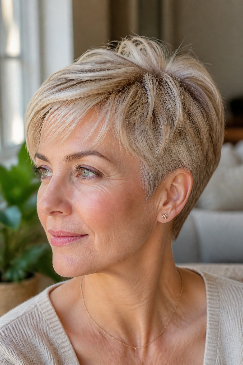 Portrait of a real woman wearing a rounded pixie with hidden inner layers