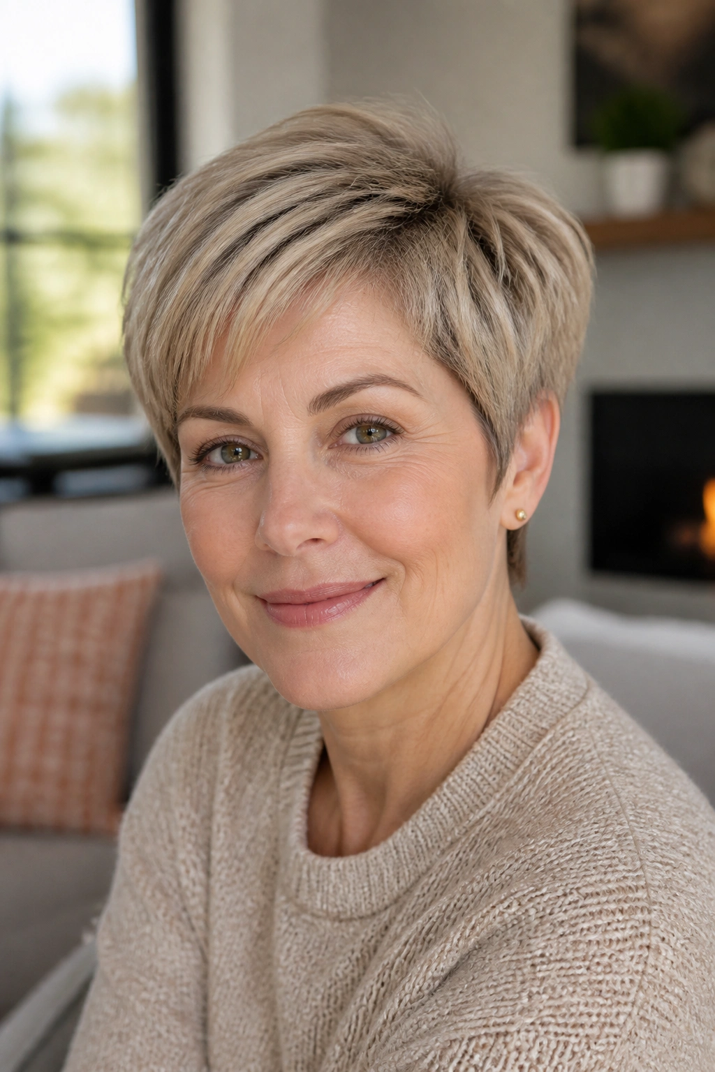 Close-up of a real woman with a rounded pixie hairstyle.