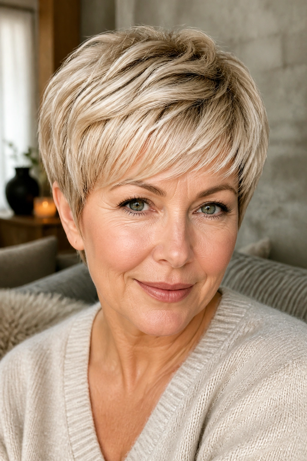 Close-up of a real woman with rounded pixie and soft edges