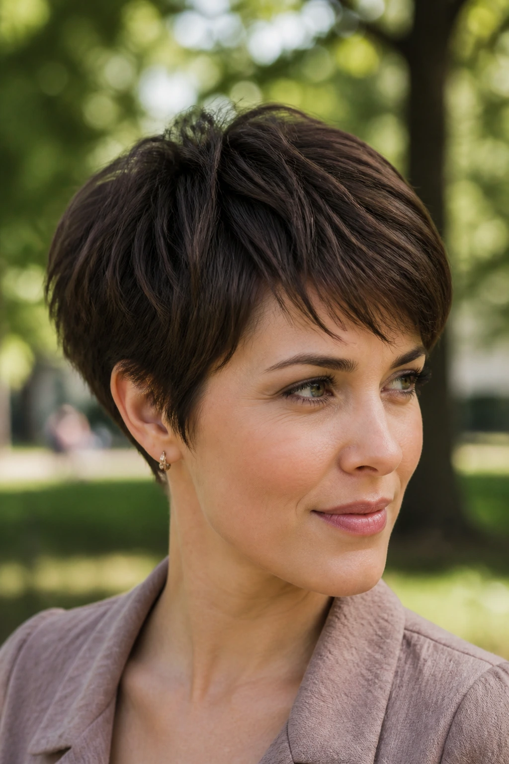 Close-up portrait of a real woman with a rounded pixie and temple volume in a park setting.