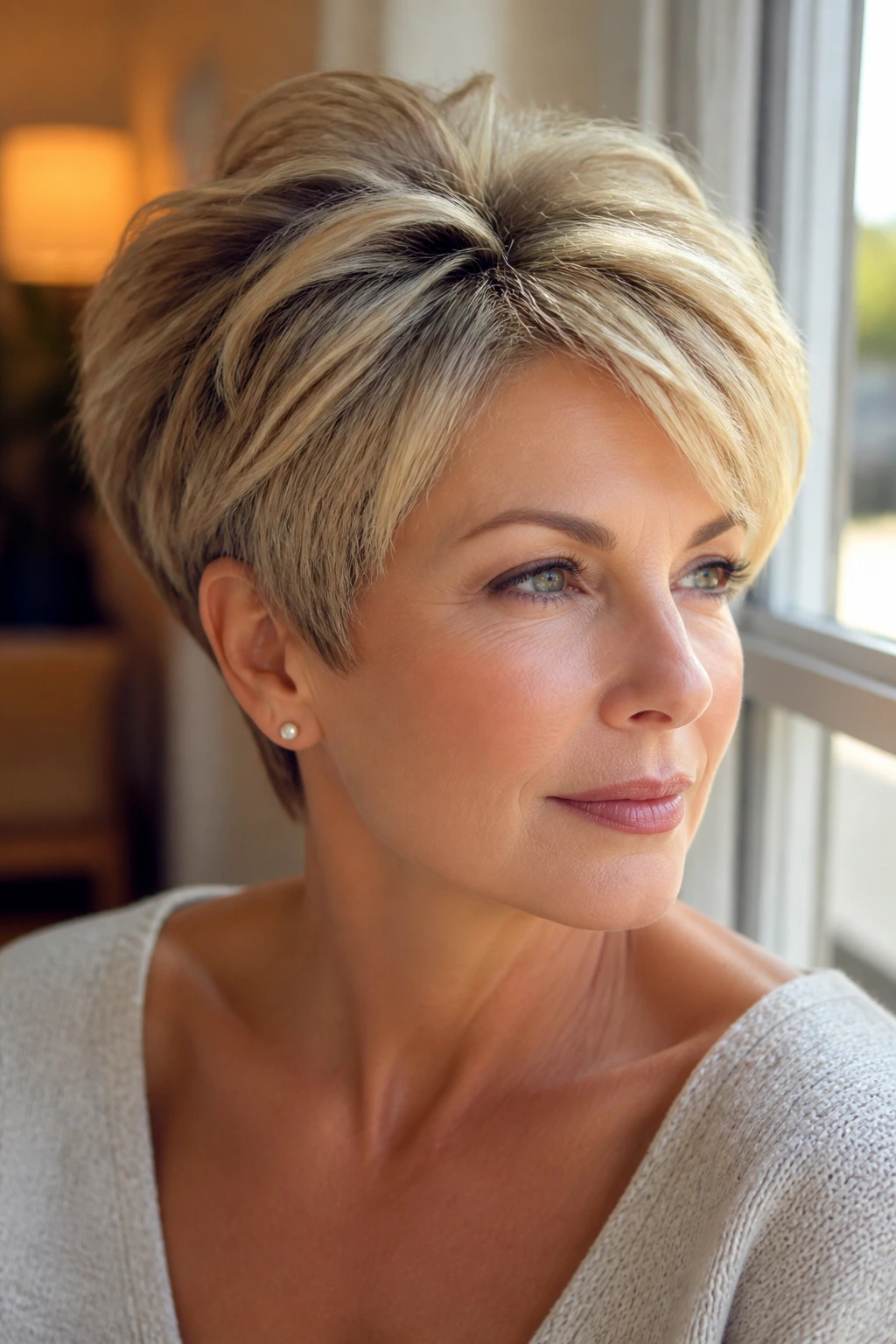Portrait of a real woman with rounded pixie and soft volume in natural light.