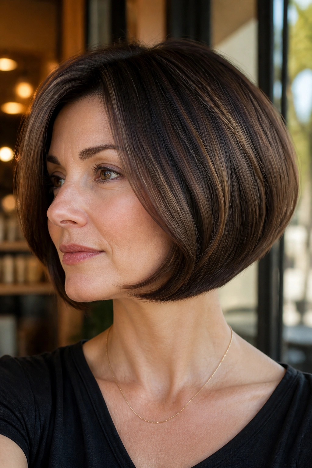 Real woman with rounded retro stacked bob in a warm, retro-inspired setting