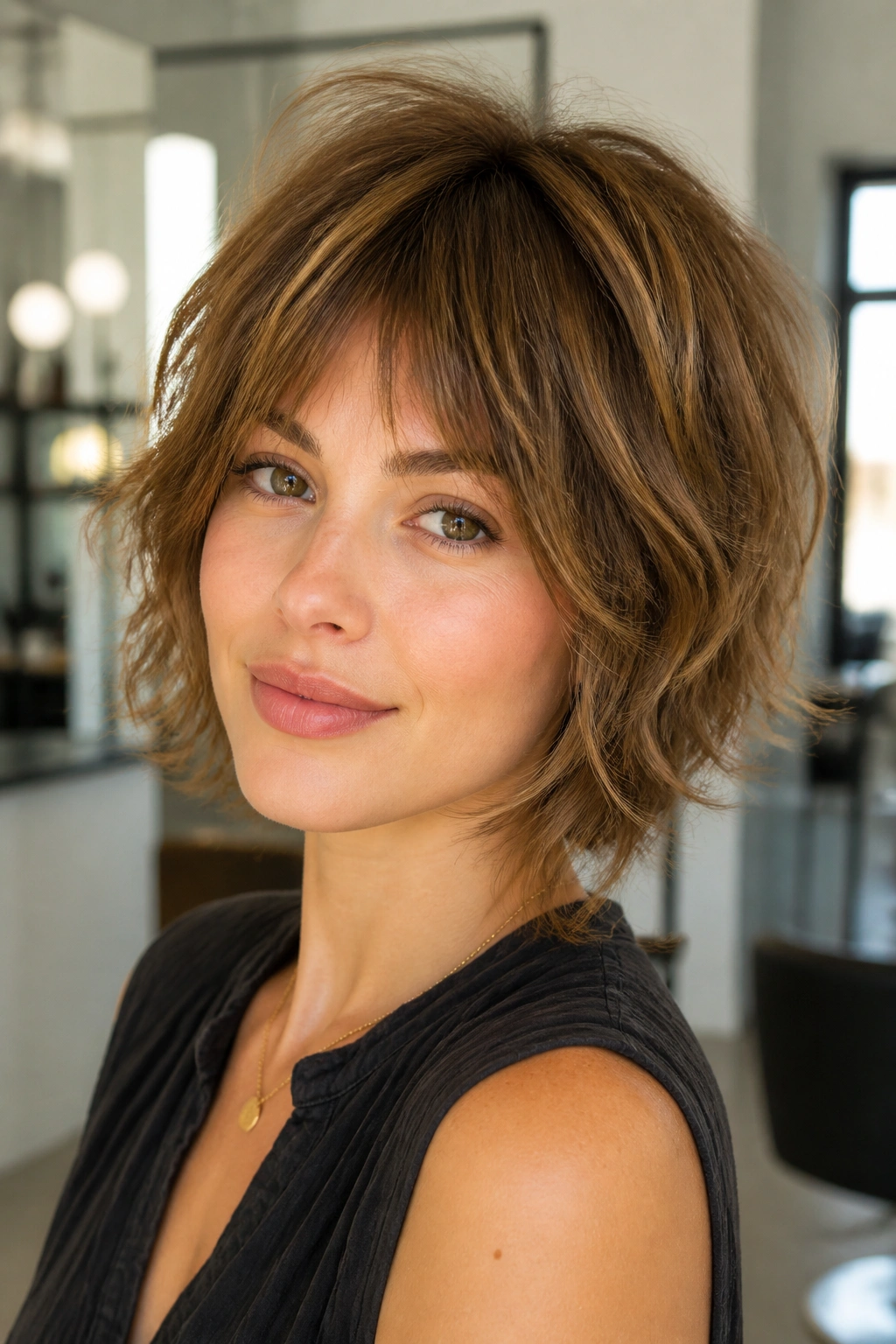 Portrait of a person with crown-volume rounded shag bob