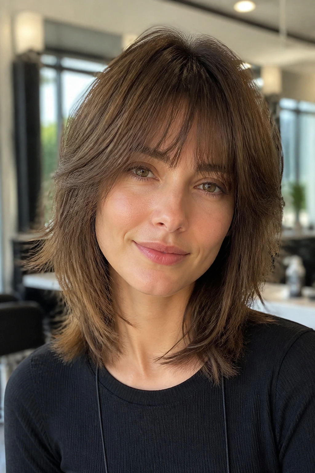 Close-up portrait of a real woman with rounded shag shape designed for fine hair, in bright salon light