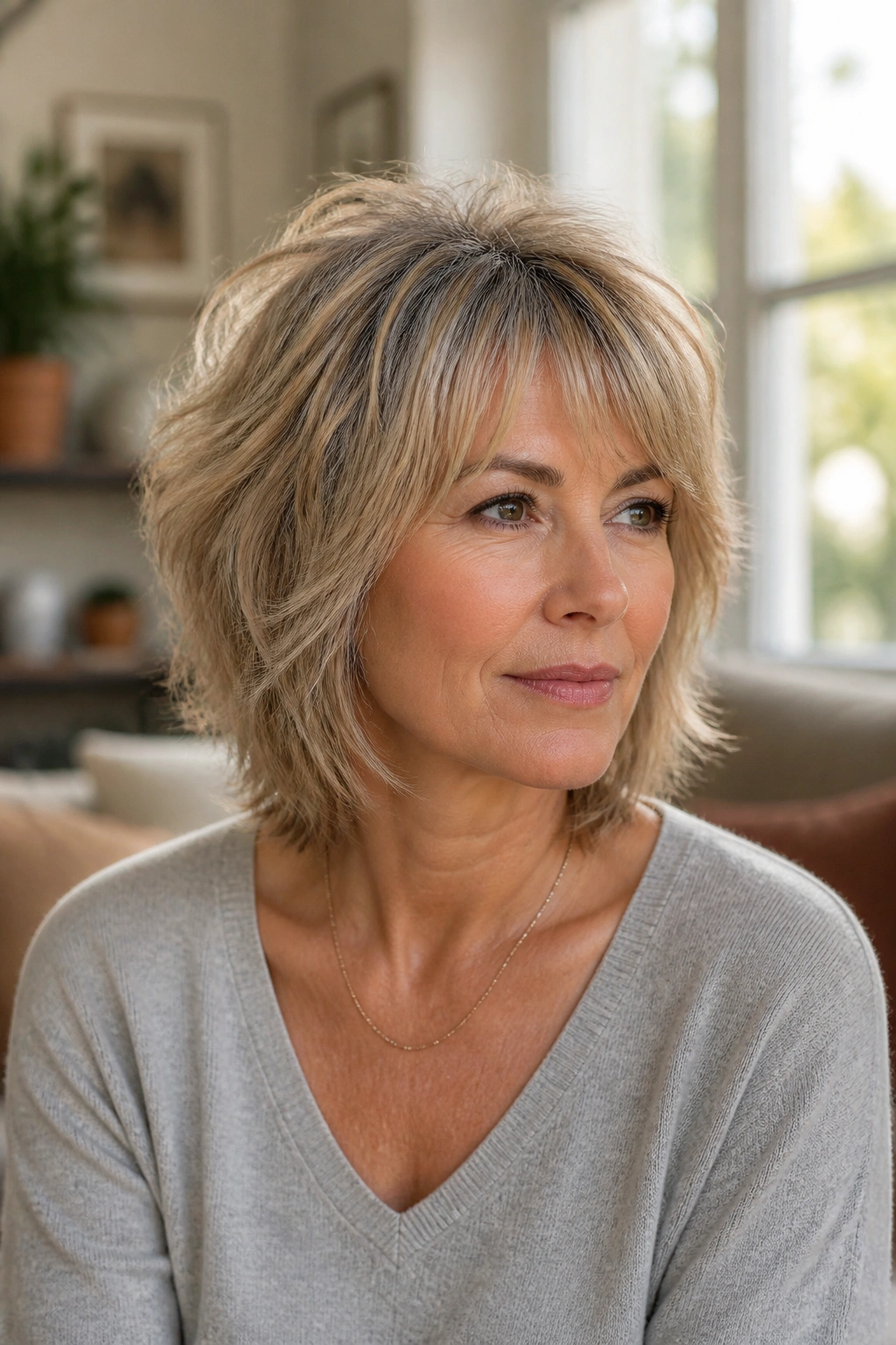Portrait of a woman with rounded shag and full perimeter
