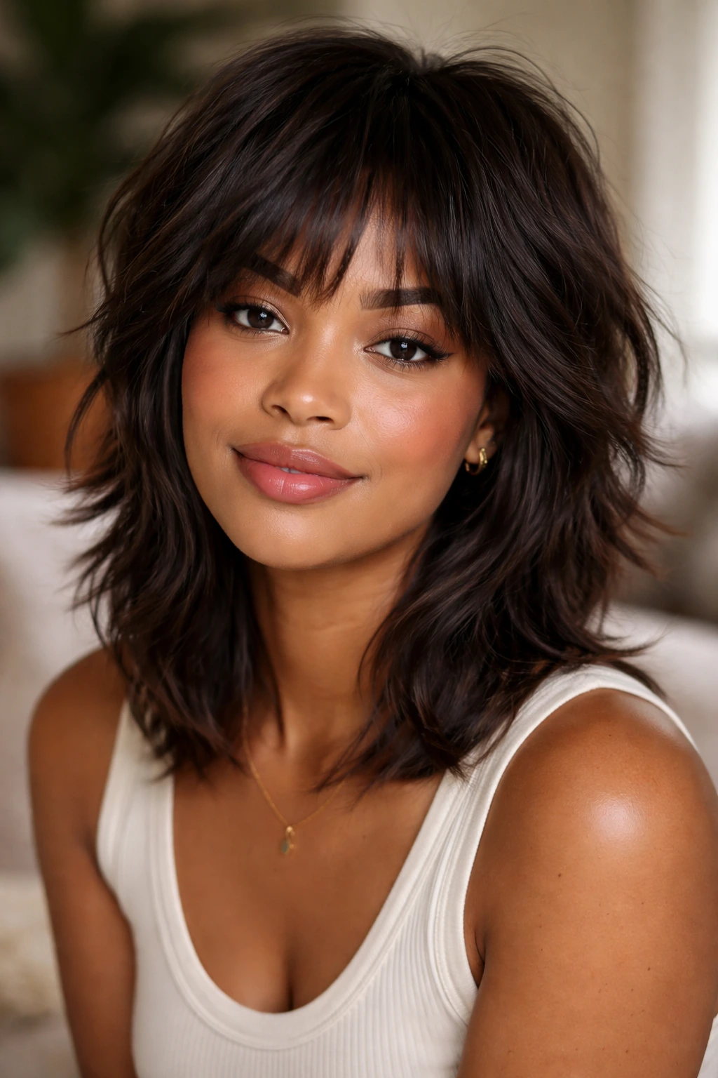 Close-up portrait of a person with a rounded shag adding angles