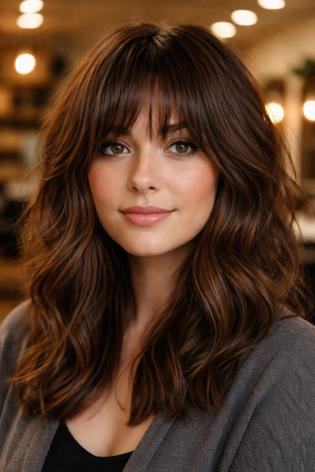 Close-up portrait of a real person with rounded shaggy fringe in a warm salon setting