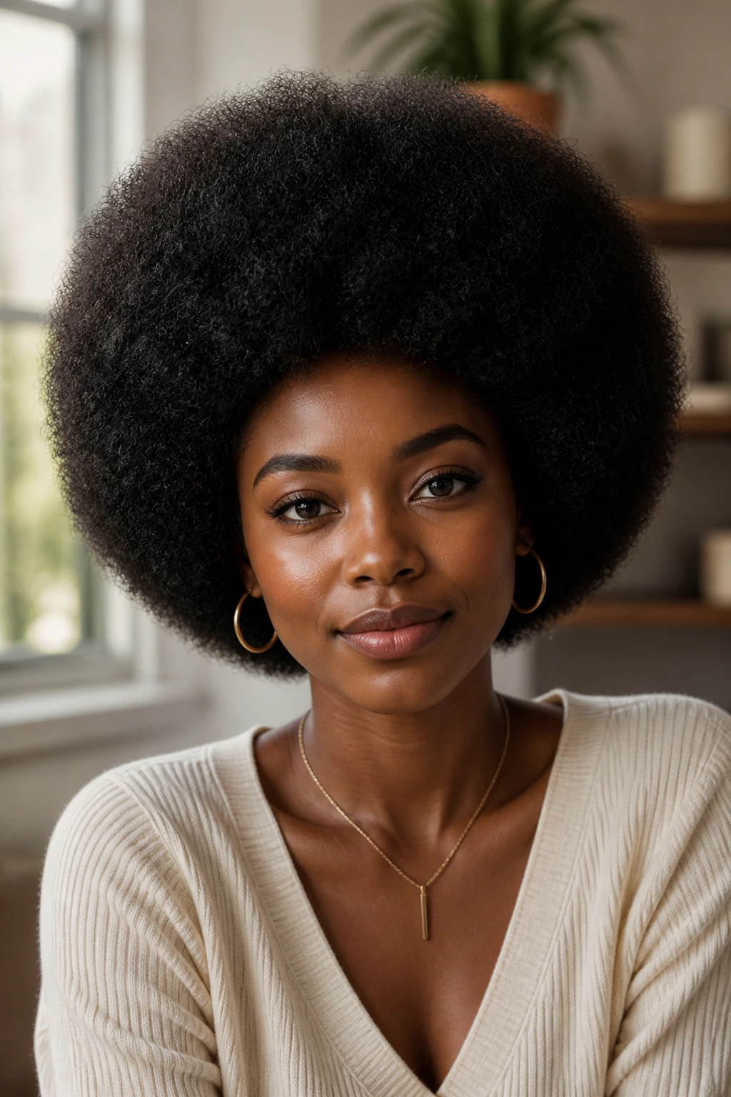 Front-facing portrait of a real person with a rounded shaped Afro