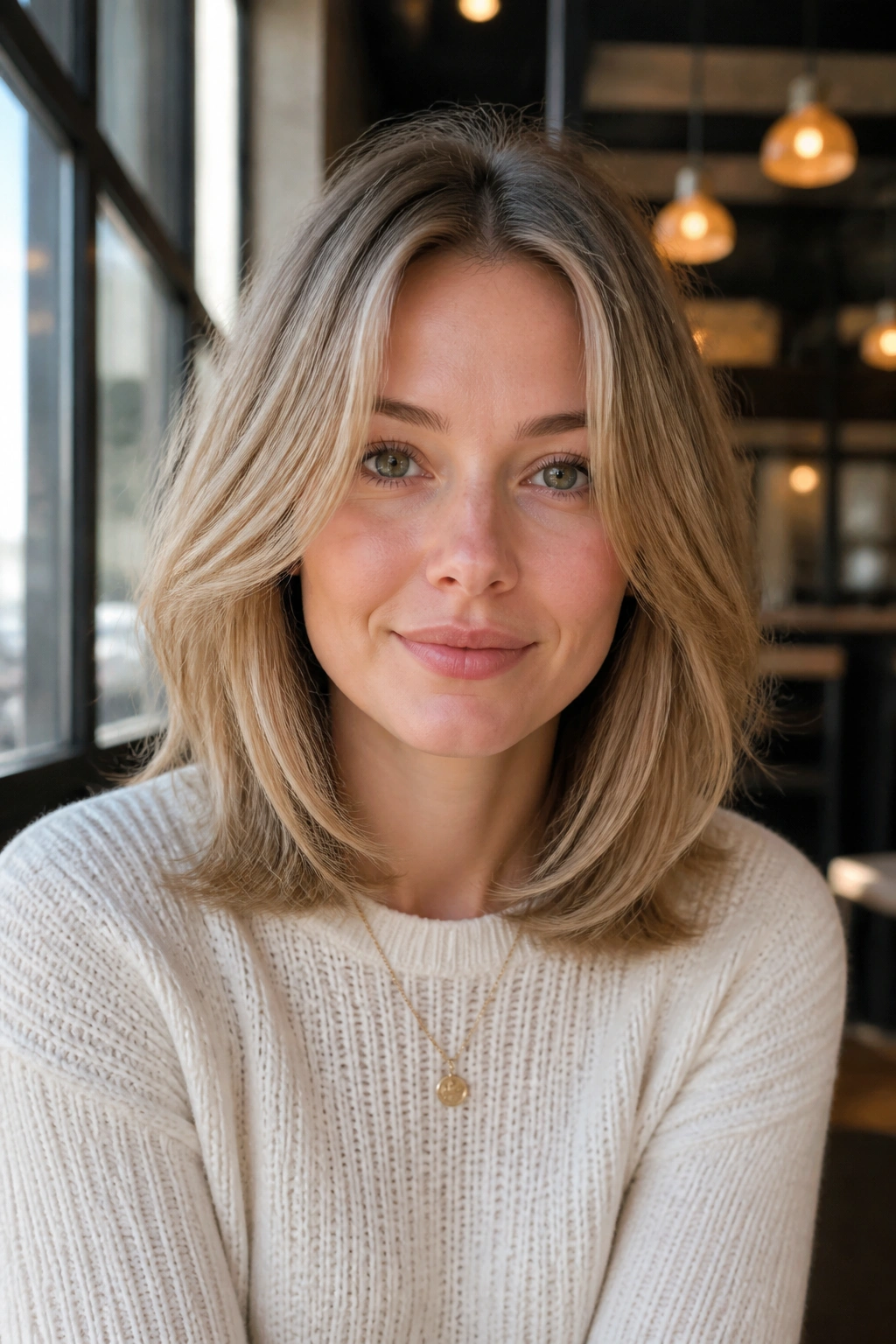 Rounded shoulder cut with airy texture on a real woman, close-up portrait