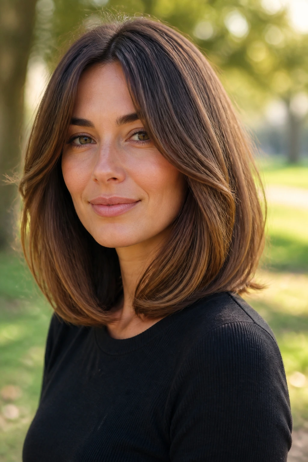 Close-up portrait of a real woman with rounded shoulder cut hair.