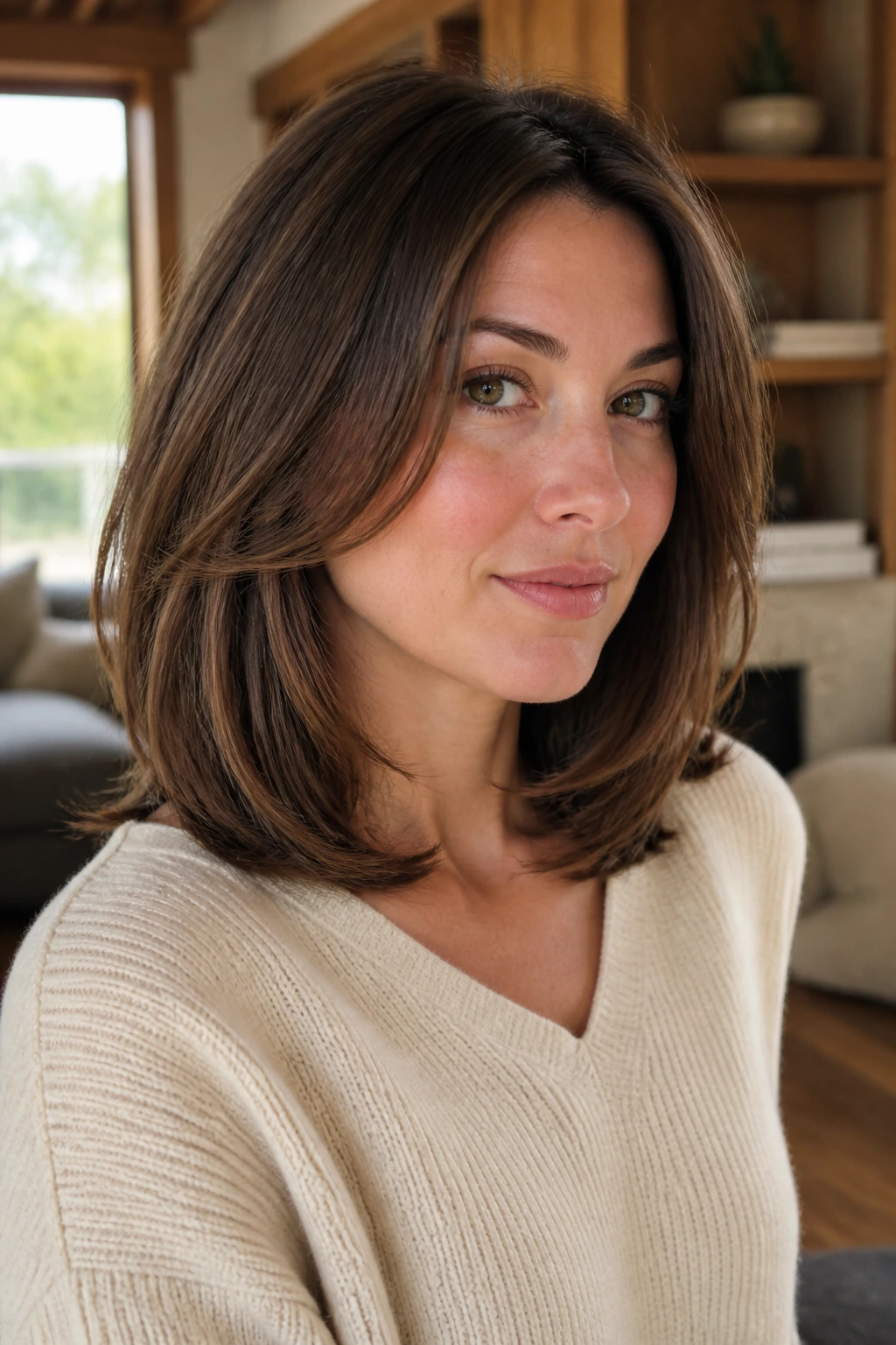 Close-up portrait of real woman with rounded shoulder-length hair in warm living room light