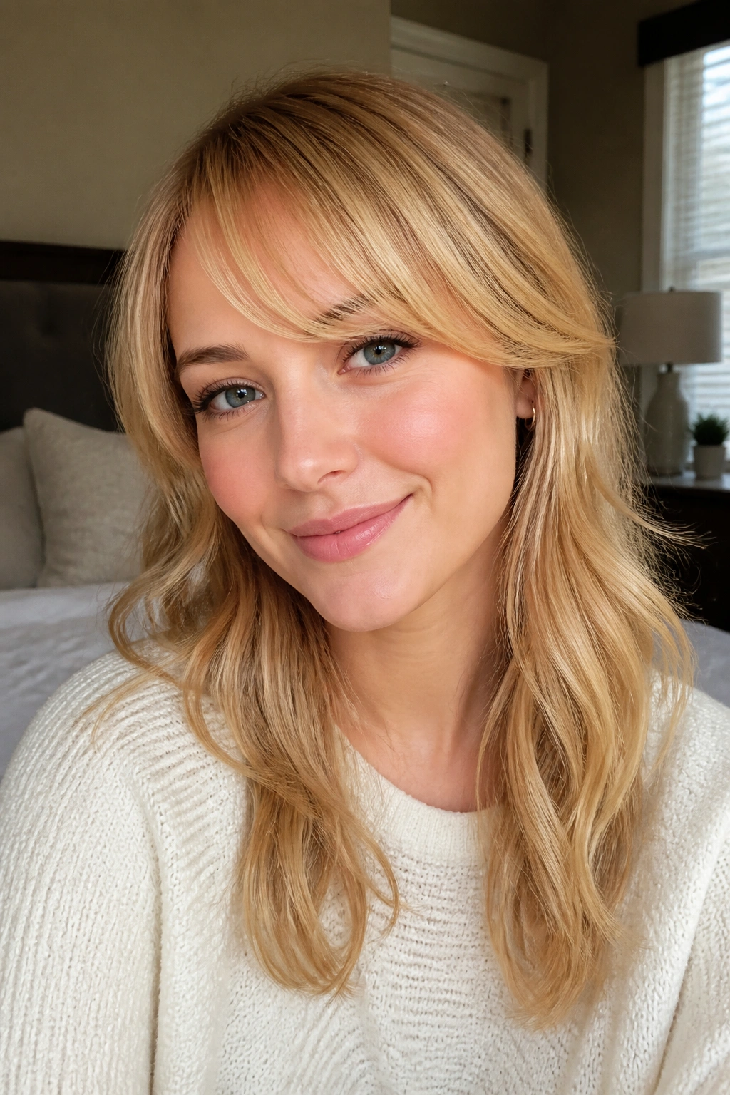 Portrait of a woman with rounded golden-blonde side fringe in a cozy bedroom