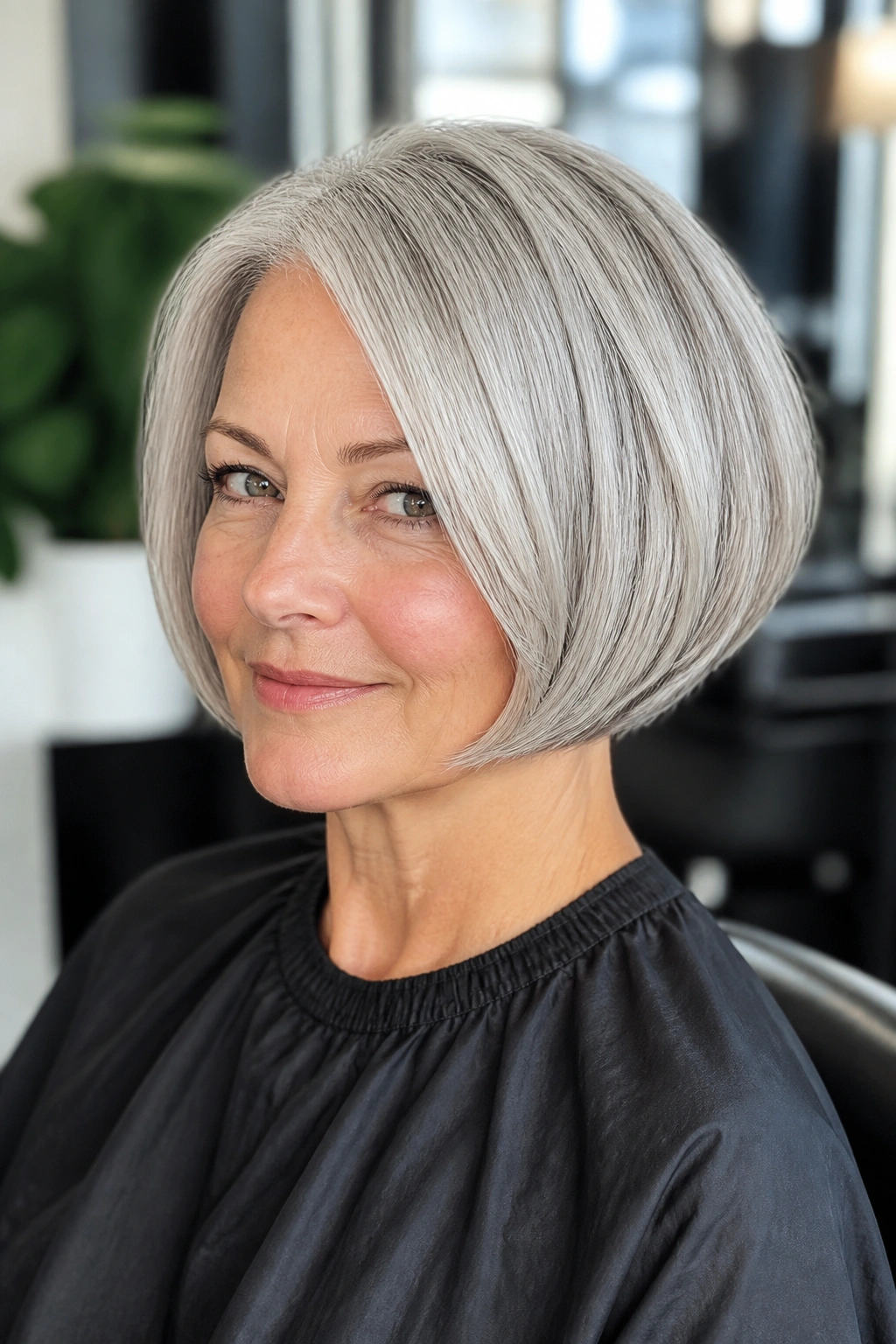 Close-up of a real person wearing a rounded silver bob with soft fullness at the sides, lit by daylight