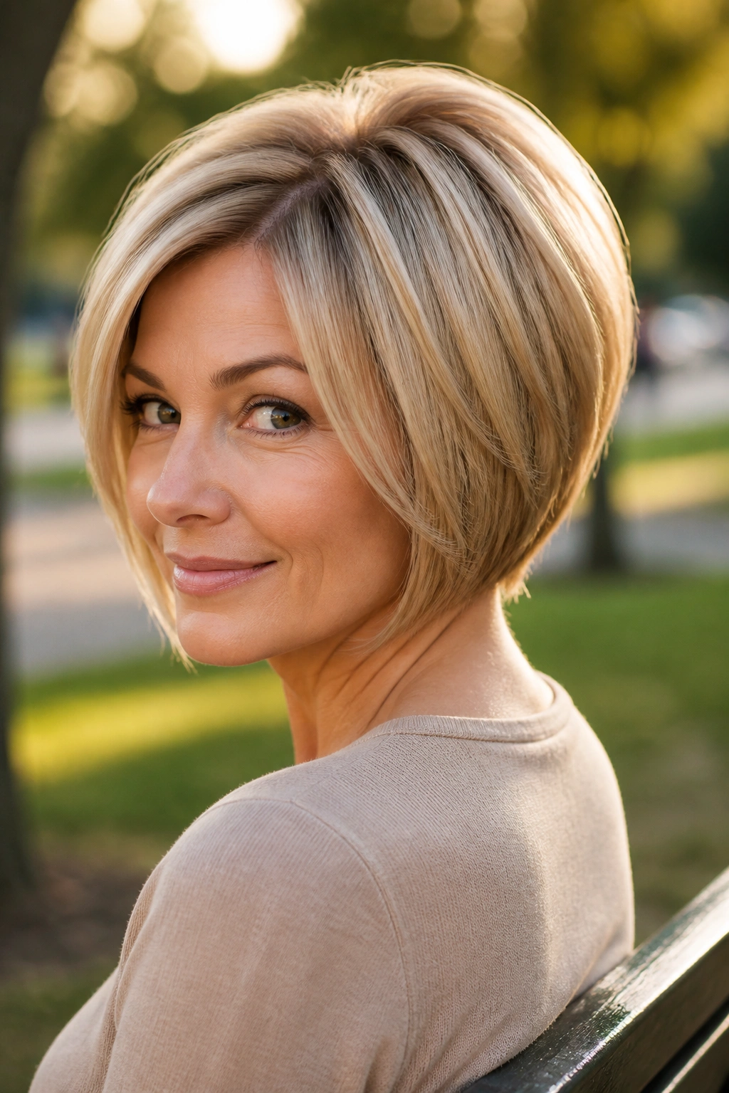 Real woman with rounded stacked bob creating a fuller profile in warm light
