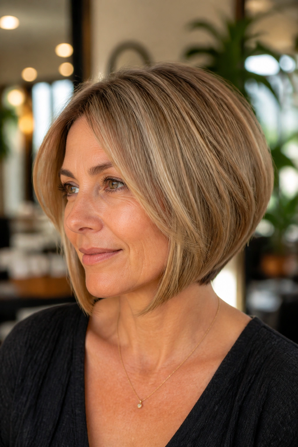 Close-up portrait of a woman with a softly rounded stacked bob in sunlit setting