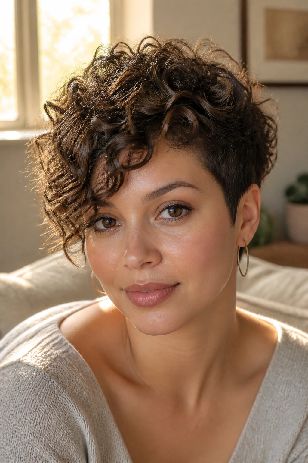 Close-up portrait of a real woman with rounded-top curly crop and diagonal front