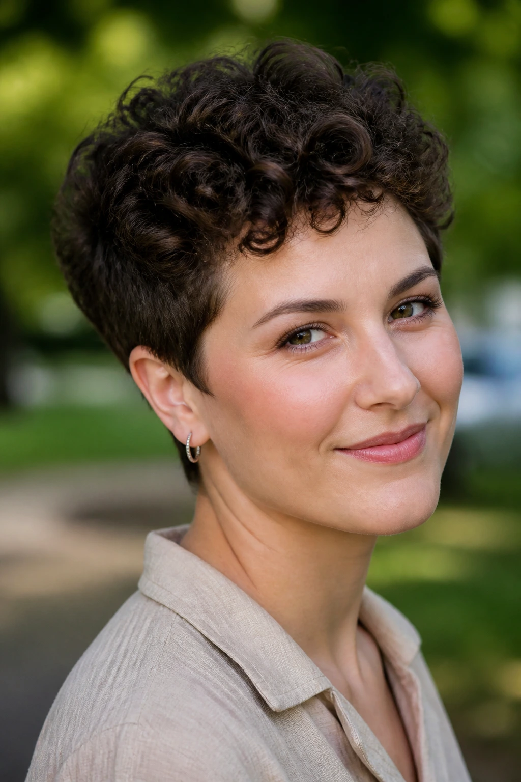 Close-up of a real woman with rounded-top curly pixie and tapered temples