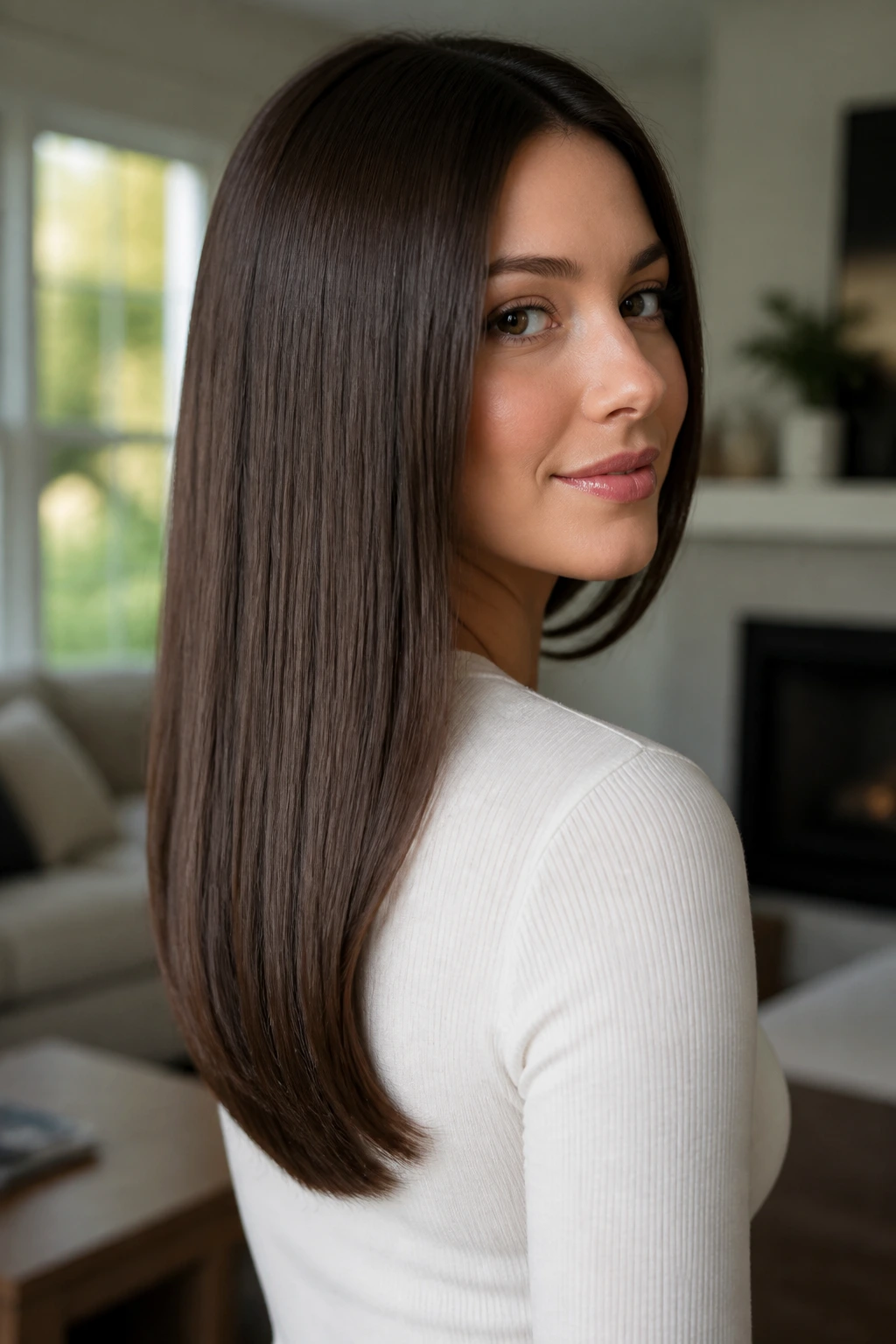 Medium close-up of a real person with a rounded U-cut, illustrating the curved back shape.