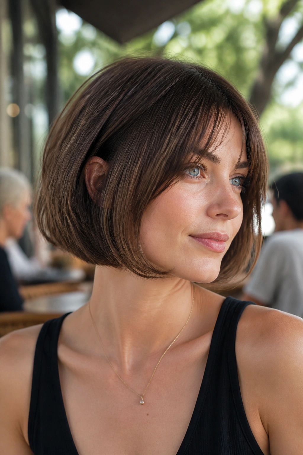 Portrait of woman with rounded under-curve French bob showing inward curve